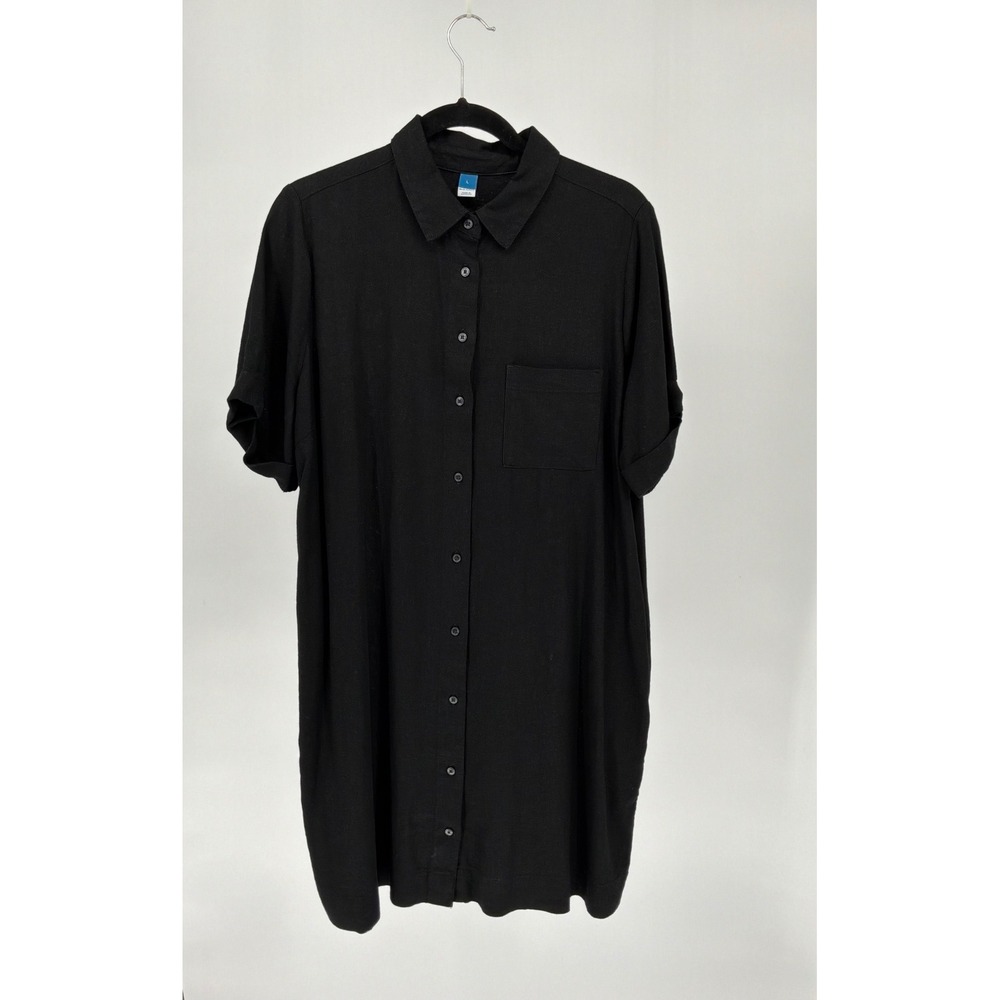 Old Navy Womens Black Linen Blend Short Sleeve Button Front Shirt Dress Size L